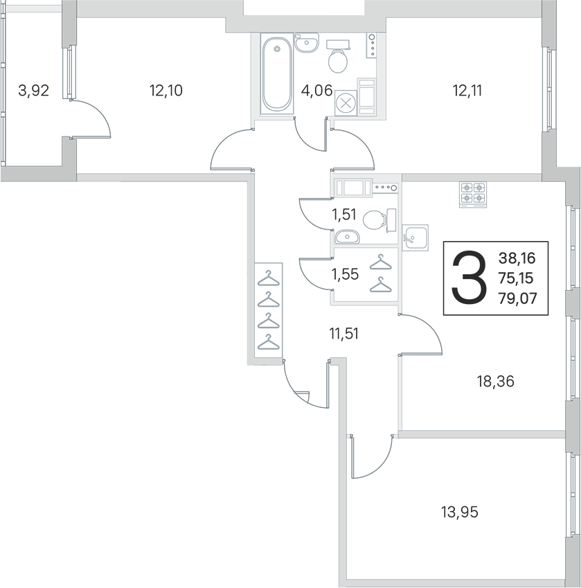 3-комнатная квартира 75.15 м², 4/4 эт., ЖК «Любоград в Стрельне»